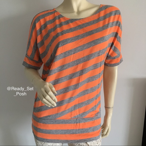 Pink Rose Tops - orange and gray striped shirt with short sleeved batwing